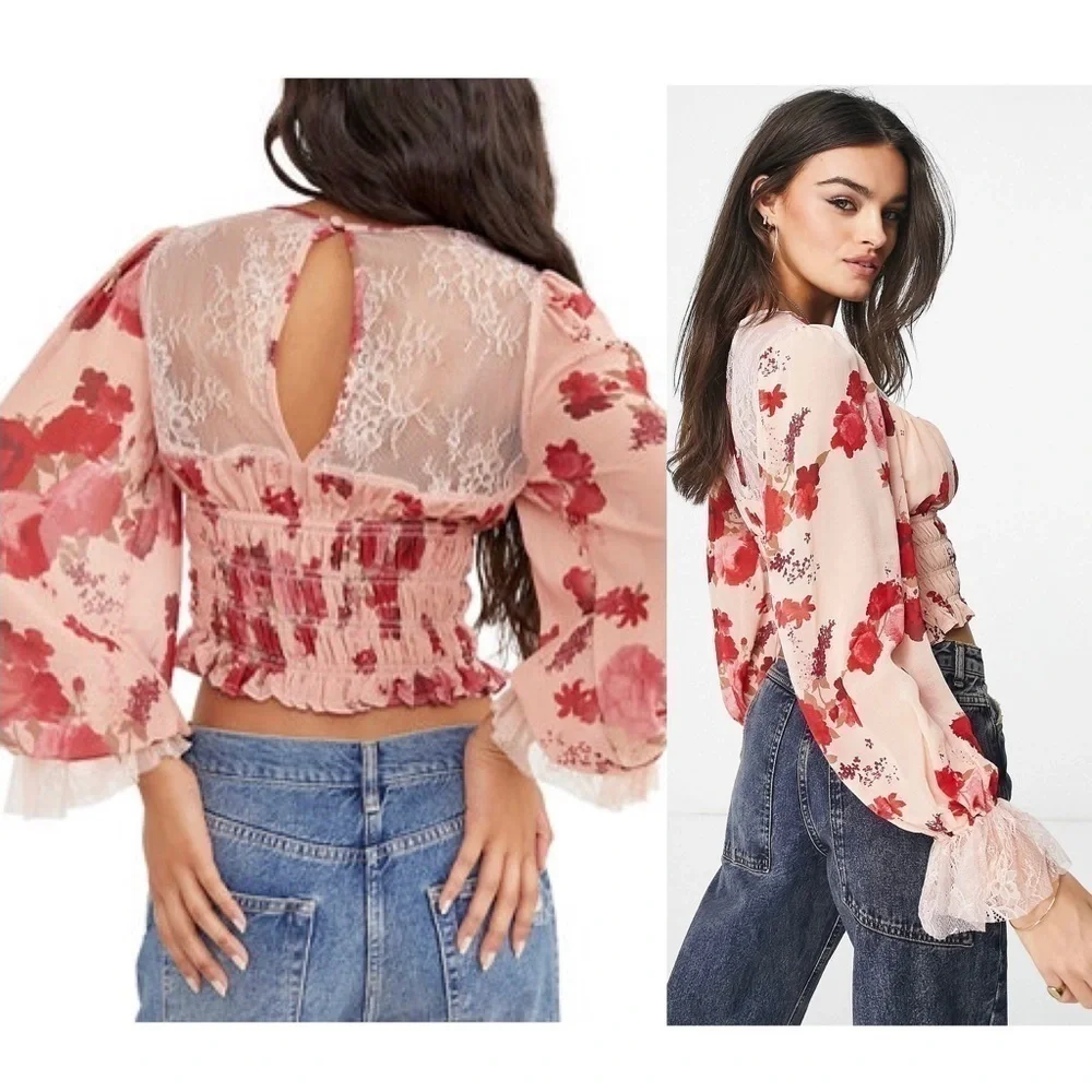 NWT FREE PEOPLE Floral Cropped Ruffle Long Sleeve Lace Smocked Regency Blouse XS